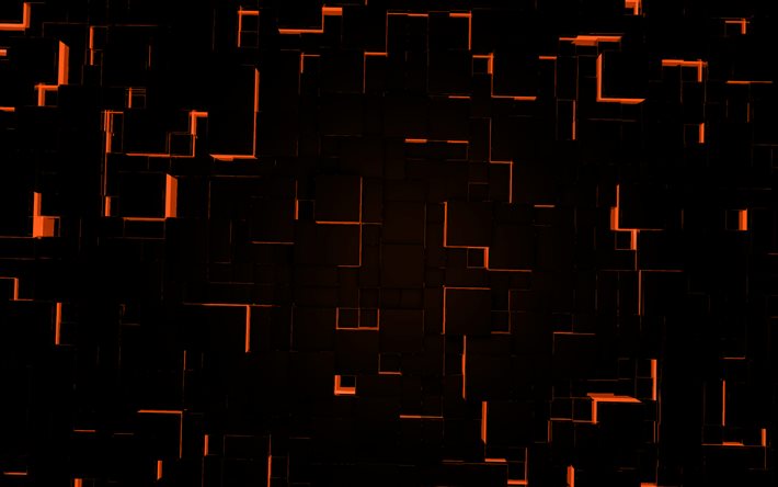 sfondo nero arancione 3d cubi, sfondo arte digitale 3d, sfondo 3d cubi, luci al neon arancioni, sfondo 3d luce arancione, sfondo 3d arancione creativo