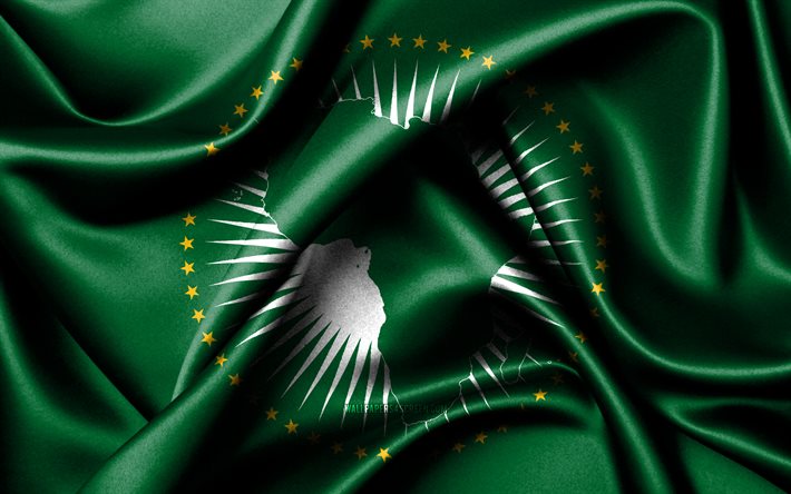 아프리카 연합 깃발, 4k, 아프리카 국가, 패브릭 플래그, 아프리카 연합의 날, 아프리카 연합의 국기, 물결 모양의 실크 깃발, 아프리카, 아프리카 연합