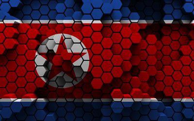 4k, 北朝鮮の旗, 3d六角形の背景, 北朝鮮の3d旗, 北朝鮮の日, 3d六角形テクスチャ, 北朝鮮, 3d北朝鮮旗