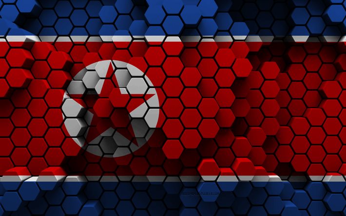 4k, bandiera della corea del nord, sfondo esagonale 3d, bandiera 3d della corea del nord, giorno della corea del nord, struttura esagonale 3d, corea del nord, bandiera della corea del nord 3d