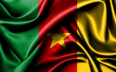 camarões bandeira, 4k, países africanos, tecido bandeiras, dia dos camarões, bandeira dos camarões, ondulado seda bandeiras, áfrica, camarões símbolos nacionais, camarões