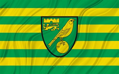 norwich city fc, 4k, vihreä keltainen aaltoileva lippu, premier league, jalkapallo, 3d kangasliput, norwich city fc lippu, norwich city fc logo, englantilainen jalkapalloseura, fc norwich city