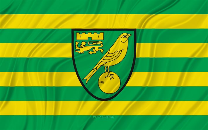 norwich city fc, 4k, bandera ondulada verde amarilla, premier league, fútbol, banderas de tela 3d, bandera de norwich city fc, logotipo de norwich city fc, club de fútbol inglés, fc norwich city