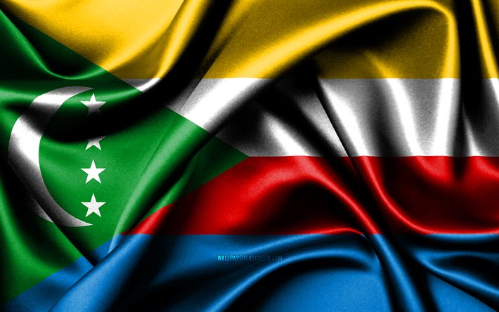 코모로 국기, 4k, 아프리카 국가, 패브릭 플래그, 코모로의 날, 코모로의 국기, 물결 모양의 실크 깃발, 아프리카, 코모로 국가 상징, 코모로