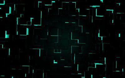 black turquoise 3d cubes background, 3d digital art background, 3d cubes background, turquoise neon lights, turquoise light 3d background, creative turquoise 3d background