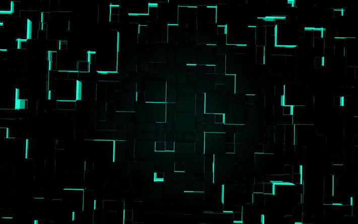 fond de cubes 3d turquoise noir, fond d art numérique 3d, fond de cubes 3d, néons turquoises, fond 3d turquoise clair, fond 3d turquoise créatif