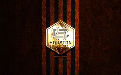 houston dinamo altın logo, 4k, turuncu taş arka plan, ilkay, amerikan futbol kulübü, houston dinamo logo, futbol, houston dinamo fc, houston dinamo