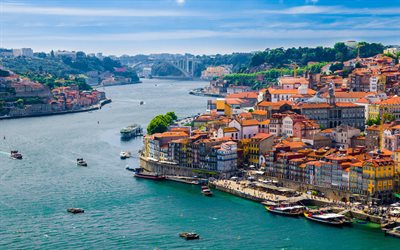 Porto, Dom Luis I Bridge, River Douro, summer, arch bridge, Vila Nova de Gaia, Porto panorama, Porto cityscape, Portugal