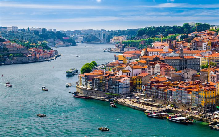 porto, pont dom luis i, fleuve douro, été, pont en arc, vila nova de gaia, panorama de porto, paysage urbain de porto, portugal