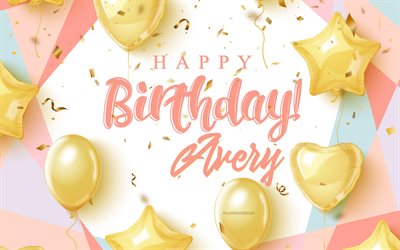 हैप्पी बर्थडे एवरी, 4k, सोने के गुब्बारों के साथ जन्मदिन की पृष्ठभूमि, एवरी, 3डी जन्मदिन पृष्ठभूमि, एवरी बर्थडे, सोने के गुब्बारे, बहुत उल्लासपूर्ण जन्मदिन