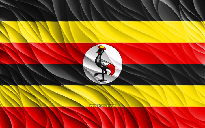 4k, 우간다 국기, 물결 모양의 3d 플래그, 아프리카 국가, 우간다의 국기, 우간다의 날, 3d 파도, 우간다 국가 상징, 우간다