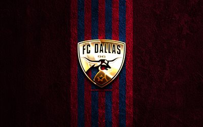 fcダラスゴールデンロゴ, 4k, 紫の石の背景, mls, アメリカのサッカークラブ, fcダラスのロゴ, サッカー, fcダラス, フットボール, ダラスfc