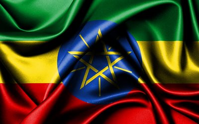 العلم الإثيوبي, 4k, الدول الافريقية, أعلام النسيج, يوم اثيوبيا, علم إثيوبيا, أعلام الحرير متموجة, أفريقيا, الرموز الوطنية الإثيوبية, أثيوبيا