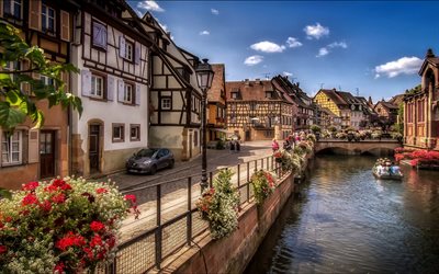 Colmar, water channel, french cities, embankment, summer, Alsace, France, Europe
