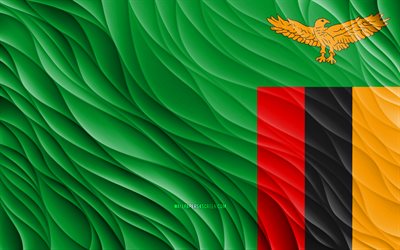 4k, علم زامبيا, أعلام 3d متموجة, الدول الافريقية, يوم زامبيا, موجات ثلاثية الأبعاد, الرموز الوطنية الزامبية, زامبيا