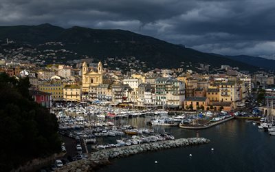 Bastia, evening, sunset, Corsica, bay, yachts, Bastia cityscape, sailboats in the bay, St Jean Baptiste Cathedral, Bastia Vieux Port, Bastia panorama, France