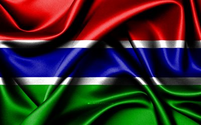 ガンビアの国旗, 4k, アフリカ諸国, ファブリックフラグ, ガンビアの日, 波状のシルクの旗, アフリカ, ガンビアの国家のシンボル, ガンビア