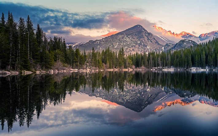 rocky mountain national park, 4k, coucher de soleil, bear lake, la forêt, les montagnes, les points de repère américains, etats-unis, l amérique