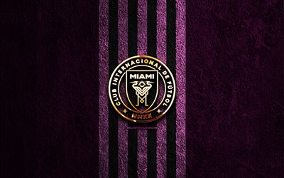 Inter Miami golden logo, 4k, purple stone background, MLS, american soccer club, Inter Miami logo, soccer, Inter Miami FC, football, Inter Miami