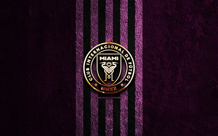 logotipo dorado de inter miami, 4k, fondo de piedra púrpura, mls, club de fútbol americano, logotipo de inter miami, fútbol, inter miami fc, inter miami