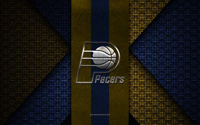 Indiana Pacers, NBA, blue yellow knitted texture, Indiana Pacers logo, American basketball club, Indiana Pacers emblem, basketball, Indiana, USA