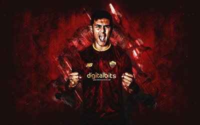 Paulo Dybala, AS Roma, burgundy stone background, football, Dybala Roma, Associazione Sportiva Roma, Dybala portrait, grunge art, Argentine football player