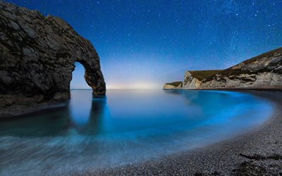 Durdle Kapı, kayalar, 4k, Yıldızlı Gökyüzü, deniz, gece, İngiltere