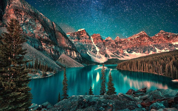 banff, parque nacional, lago moraine, canadá, montanhas, natureza, floresta, estrelas