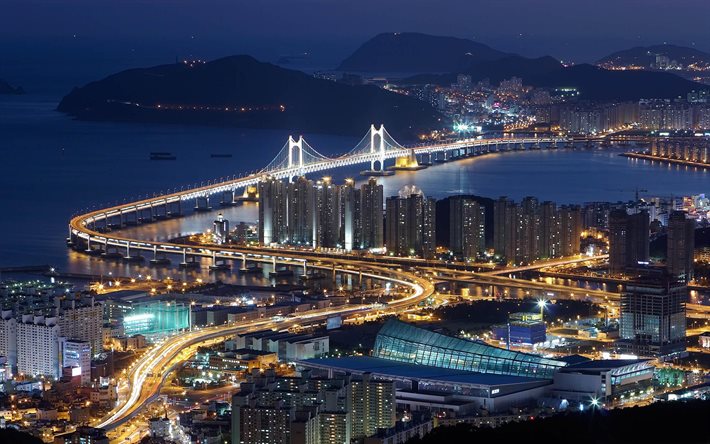 south korea, lights, night, busan, bridge quanan