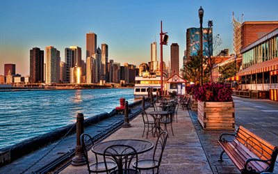 navy pier, promenade, chicago, morgendämmerung, morgen