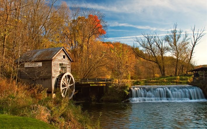 river, waterfall, autumn, mill, landscape