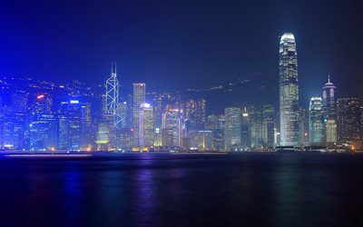 night, fog, hong kong, skyscrapers