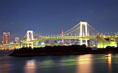 tokyo, japan, minato, regnbågsbron, ogni, natt