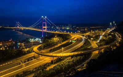 cinma, 吊り橋, 香港, 夜, 道路