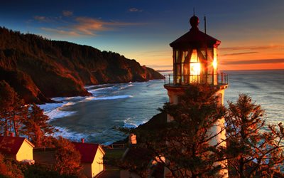 灯台, 海, 夕日, オレゴン州海岸, 風景, 中央オレゴン州, 米国
