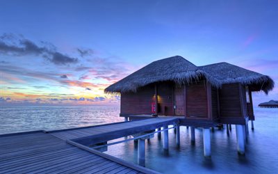 le maldive, tramonto, bungalow, paesaggio