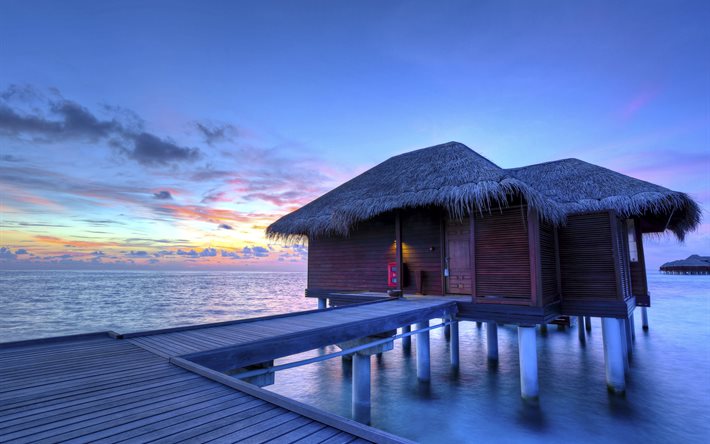 les maldives, coucher de soleil, bungalow, paysage