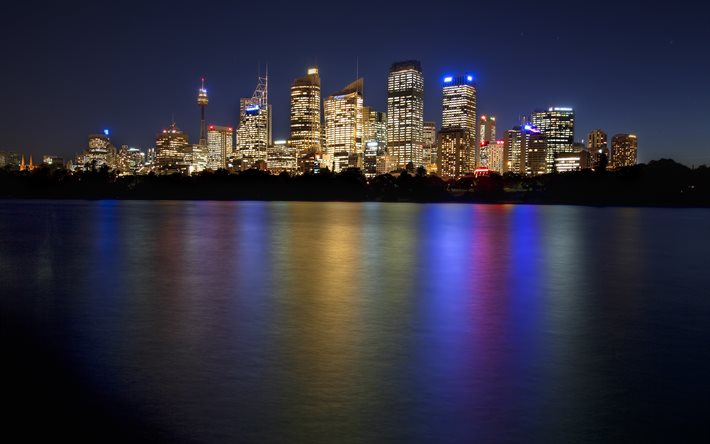 australia, sydney, downtown skyline, night, bay
