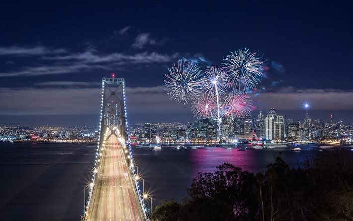 panorama, night, fireworks, san francisco, ca, the bridge, usa, california