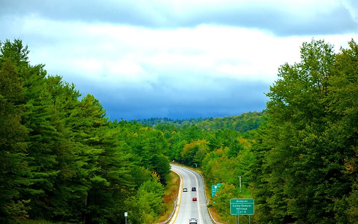 trees, road, south canada, northern vermont, cars