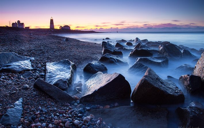 sunset, sea, shore, stones, lighthouse, landscape
