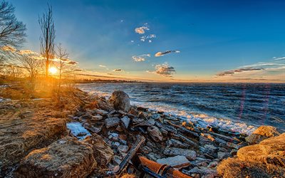 la mer, la côte, à long island, coucher de soleil, new york, long island