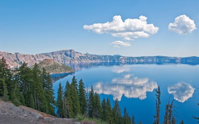 オレゴン州, 火口湖, 米国, 夏, 国立公園, 木, 作成者湖, 山々
