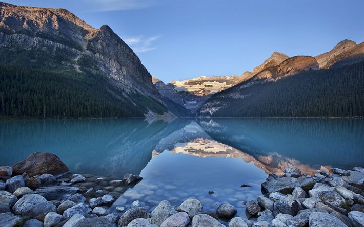 lago moraine, verão, parque nacional, crepúsculo, banff, montanhas, canadá