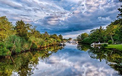 bellport, etats-unis, à new york, à long island, bateaux, arbres, rivière, long island