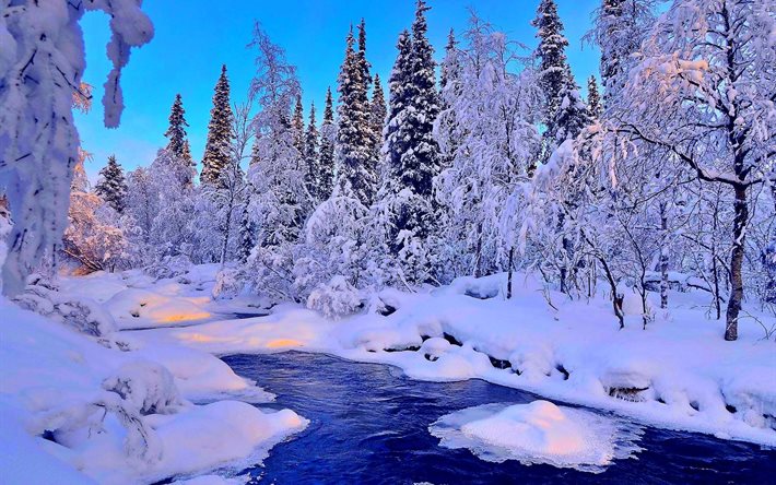 winter, river, snow, rays, drifts