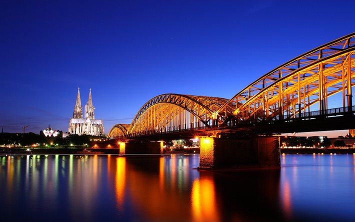 Köln, köprü, Almanya, Alacakaranlık