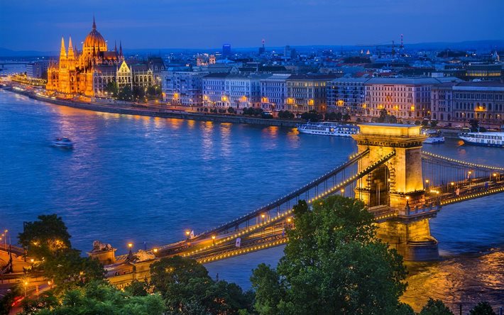 ليلة, كورنيش, الجسر, بودابست, أضواء, المجر