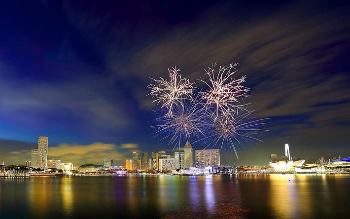 gece, Singapur, havai fişek, geçit töreni, Bağımsızlık Günü, marina bay