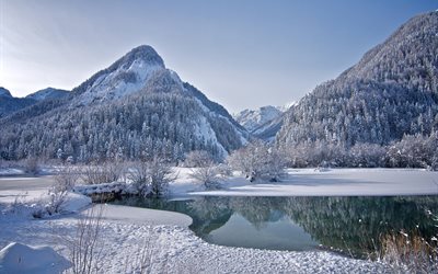 drifts, winter, snow, mountains, frozen lake